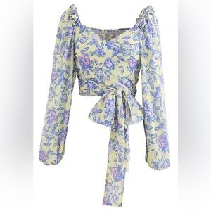 Strangers & Lovers Puff Sleeved Floral Shirred Wrap Crop Top Size Small